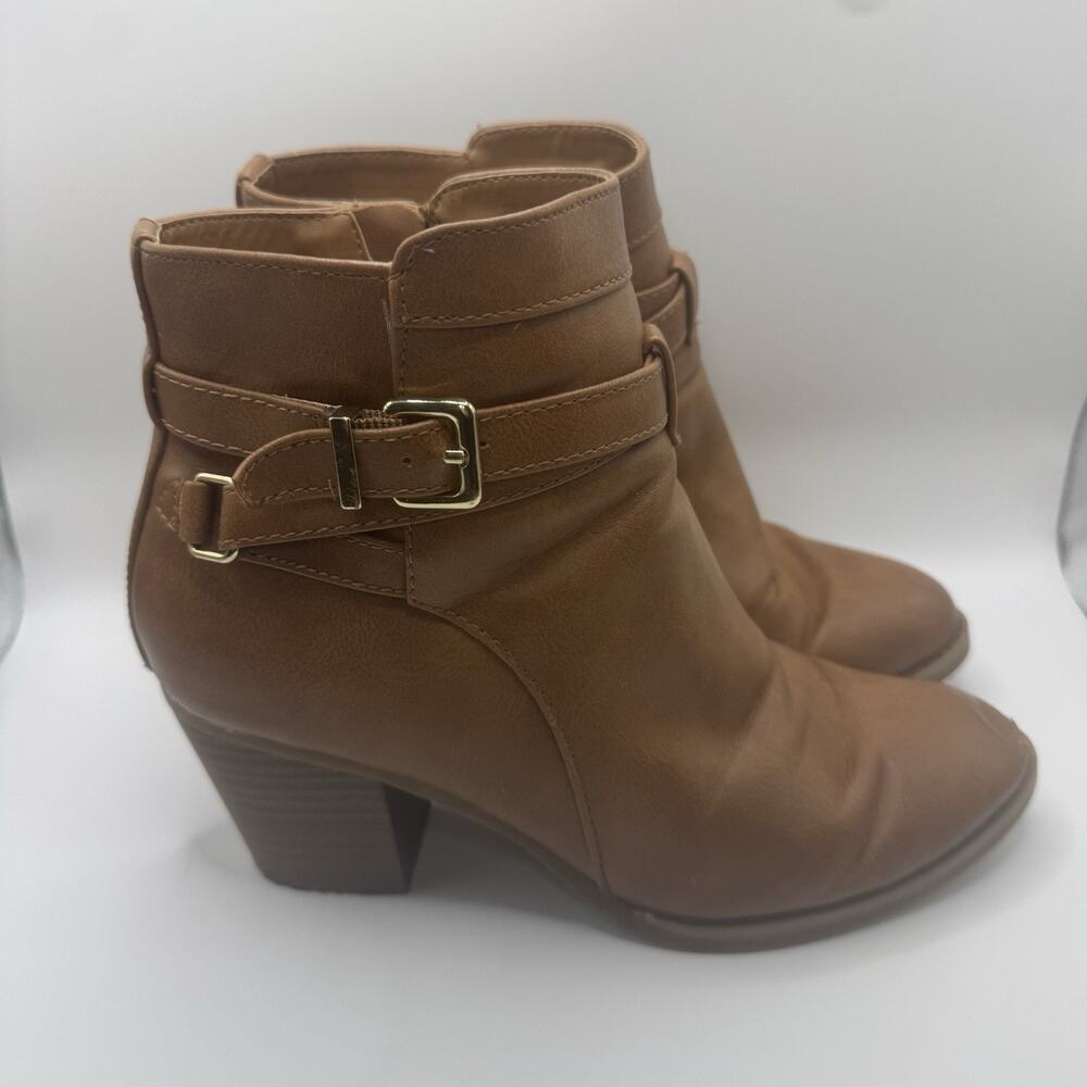 Express Women Brown Faux Leather Ankle Boots Buckle Strap Block Heel Booties